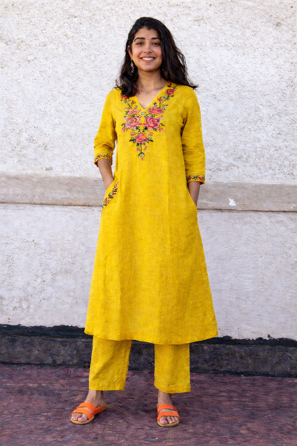 Yellow cotton coords Cross stitch embroidery with vneck