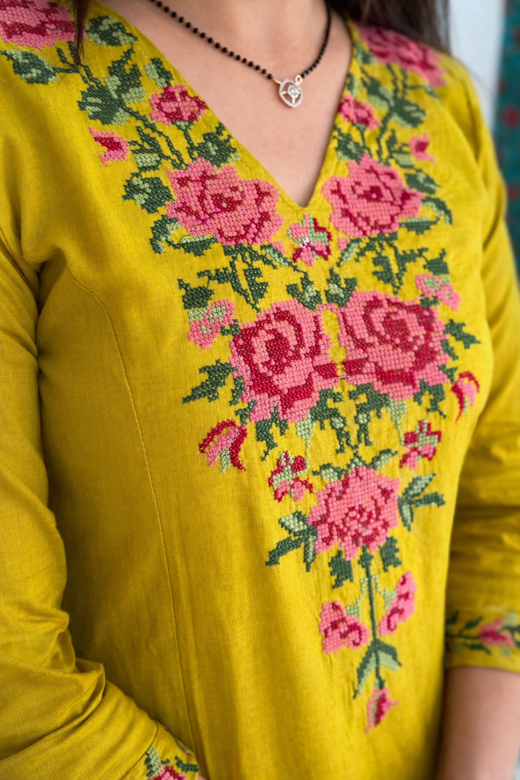 Yellow cotton coords Cross stitch embroidery with vneck