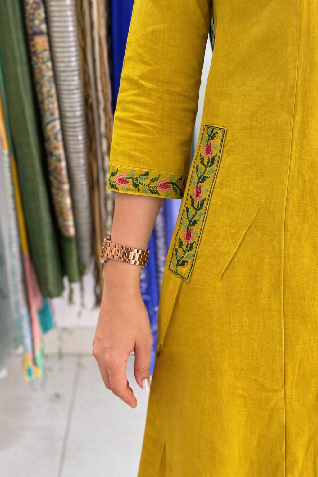 Yellow cotton coords Cross stitch embroidery with vneck