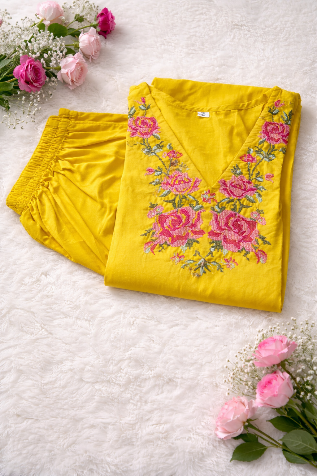Yellow cotton coords Cross stitch embroidery with vneck