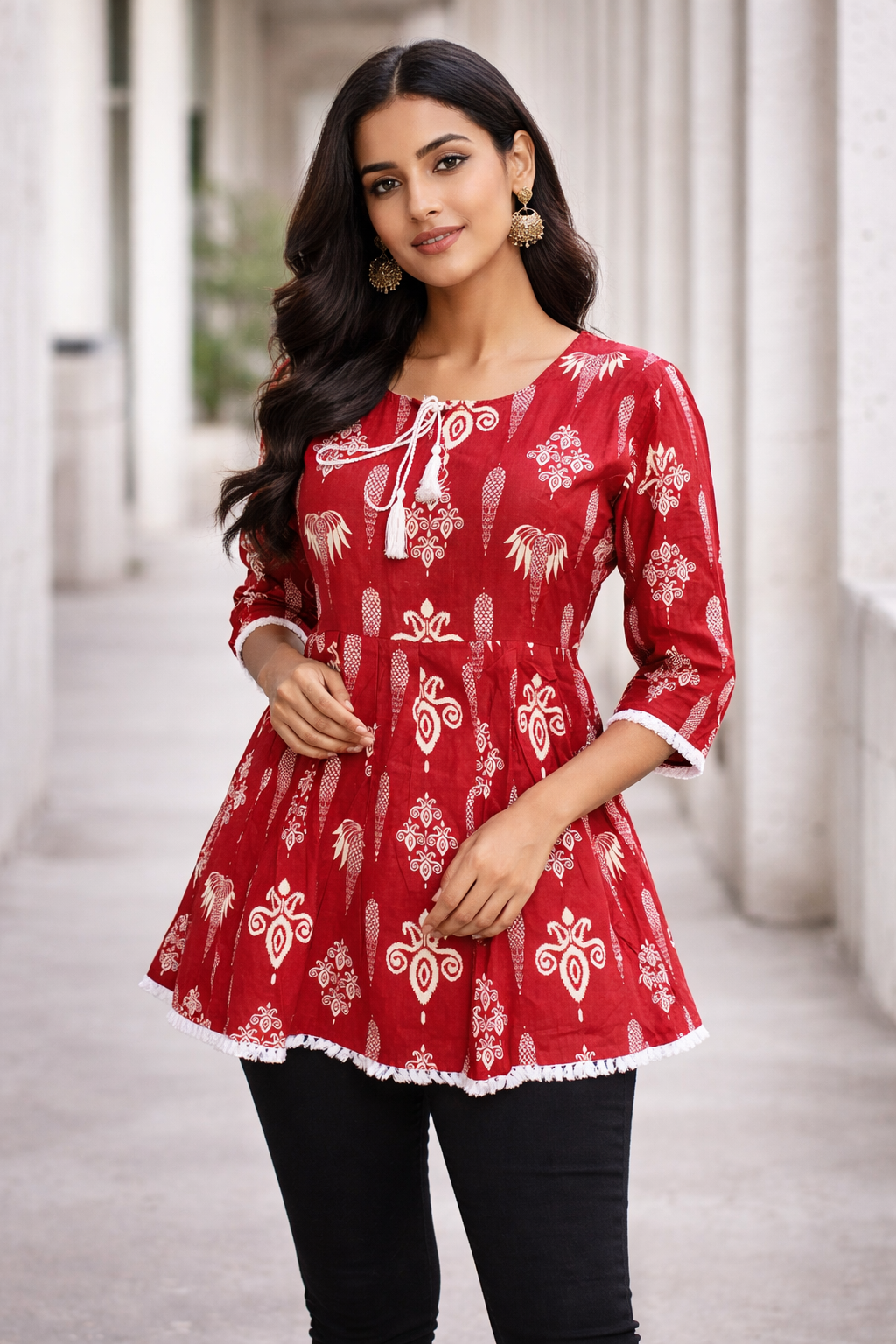 Ruby Red Ethnic Motif Peplum Kurti