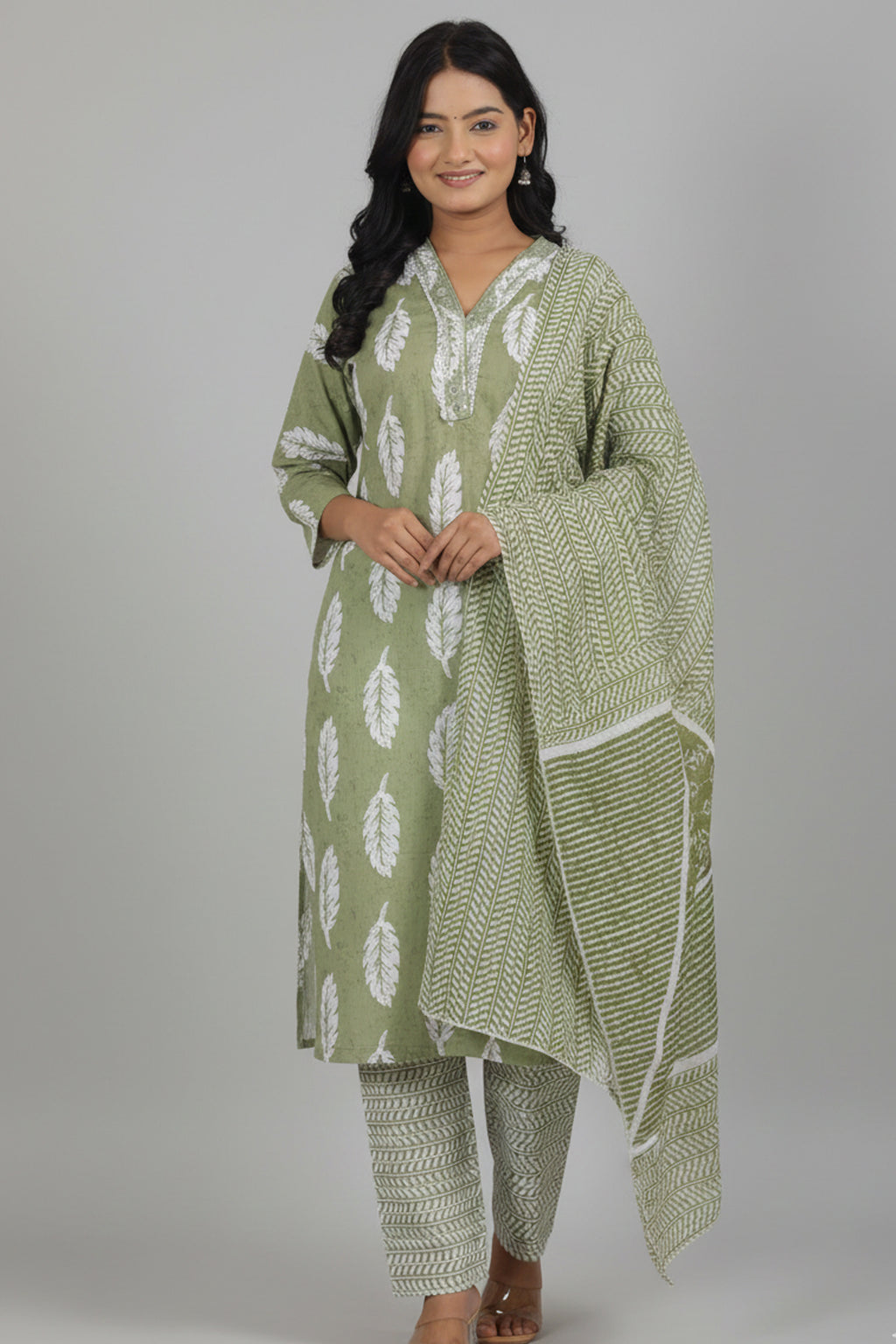 Pistachio Green Cotton State Pant With Dupatta Embroidey Work (3Pcs)